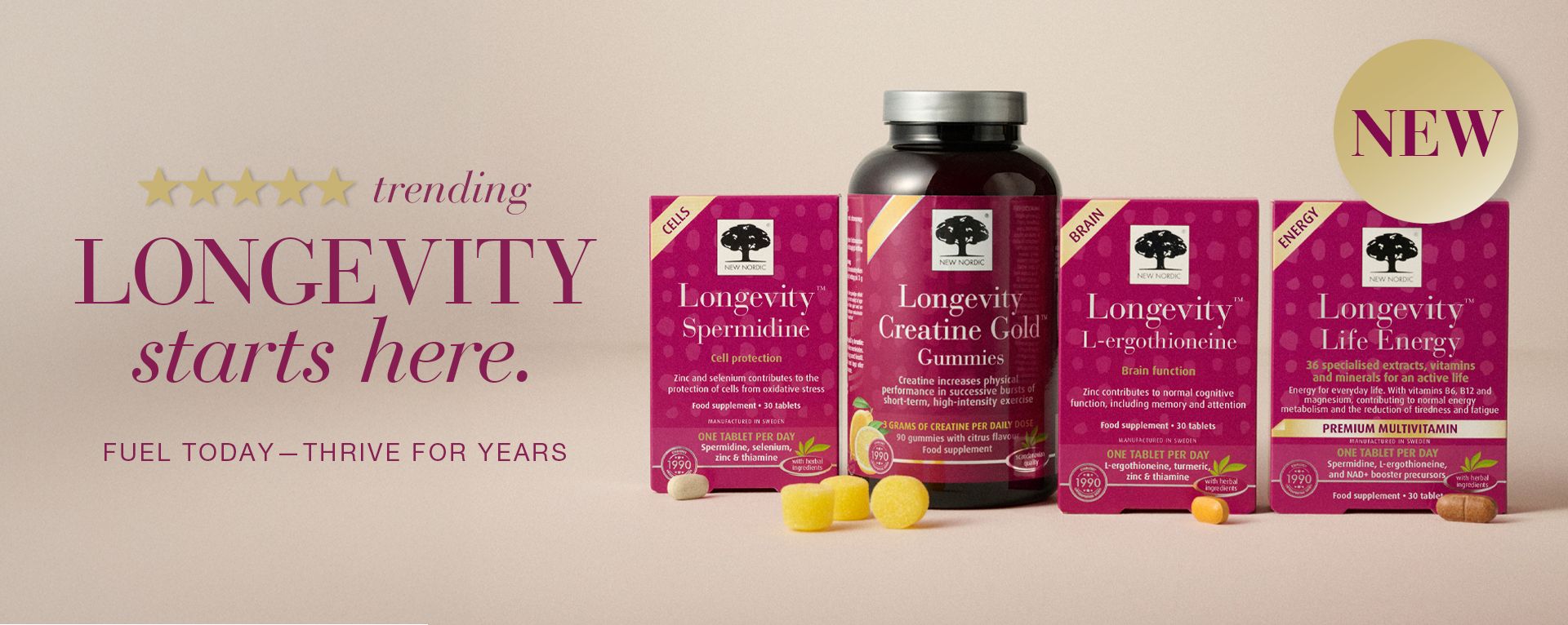 Image of New Nordic Longevity products with text "Longevity starts here. Fuel today— Thrive for years."