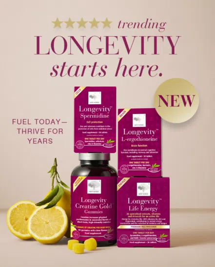 Image of New Nordic Longevity products with text "Longevity starts here. Fuel today— Thrive for years."
