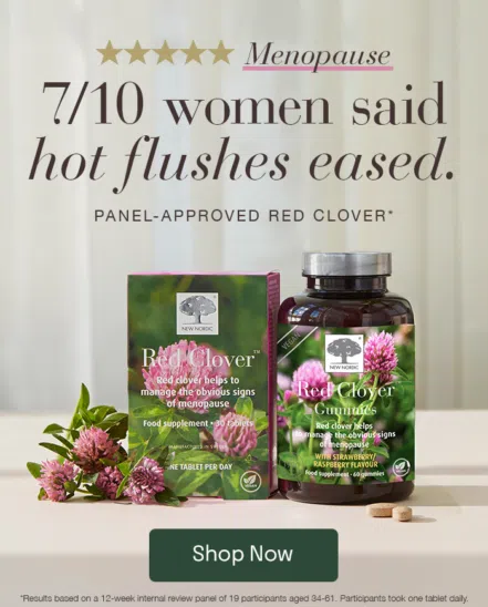 Image of Red Clover Menopause Supplements with the text: "7/10 women said hot flushes eased after 12 weeks."