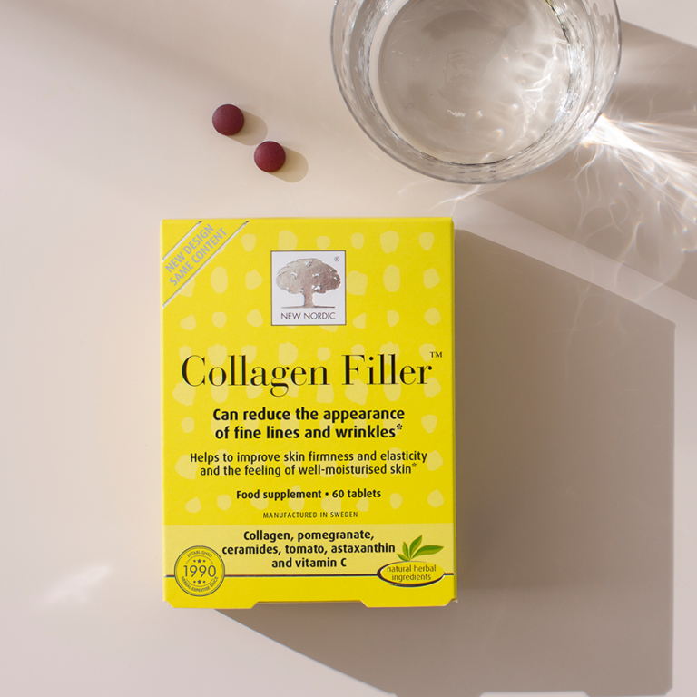 Collagen Filler box with a water glass and two round tablets