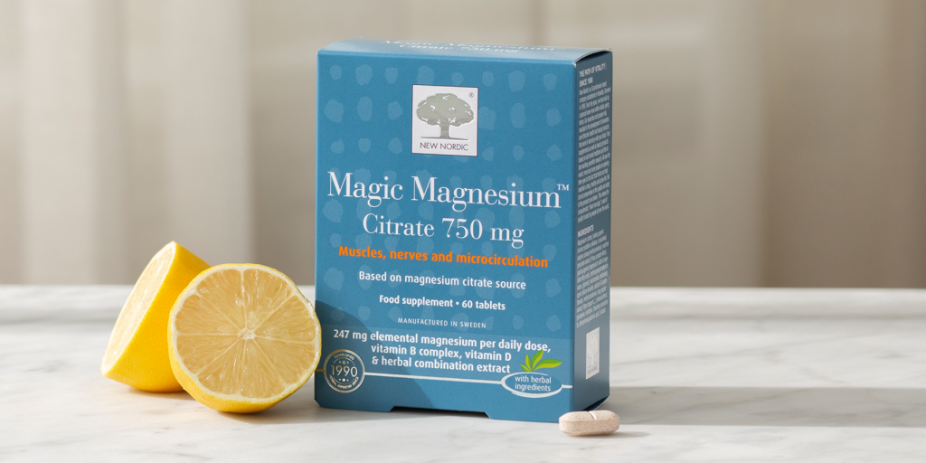 Magic Magnesium Citrate Box with lemons to the left