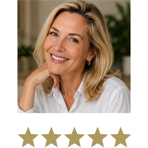 Smiling blonde woman in a white shirt, pictured above a five-star rating.