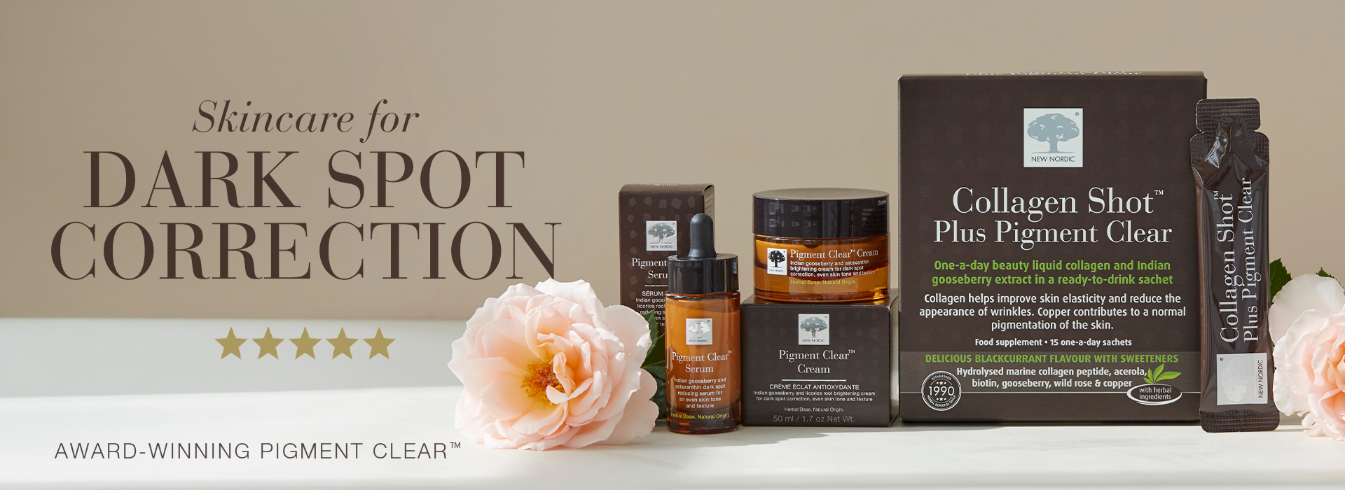 New Nordic Pigment Clear range featuring Collagen Shot™ Plus Pigment Clear, serum and cream for targeted skincare and dark spot correction.