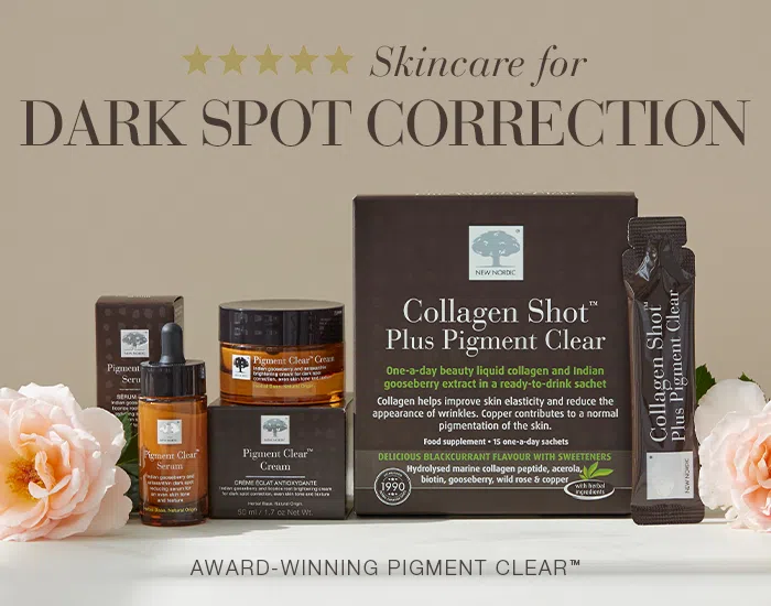 New Nordic Pigment Clear range featuring Collagen Shot™ Plus Pigment Clear, serum and cream for targeted skincare and dark spot correction.