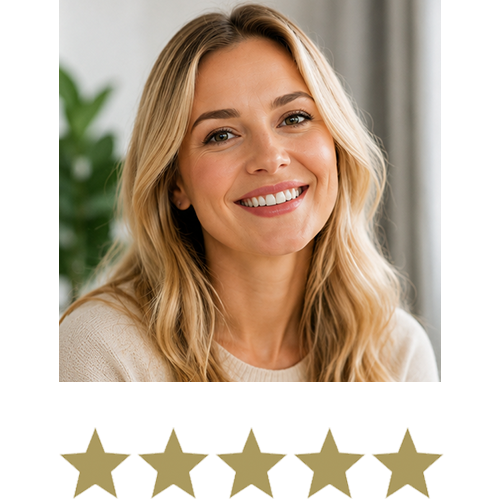 Smiling blonde woman with long hair, pictured above a five-star rating.