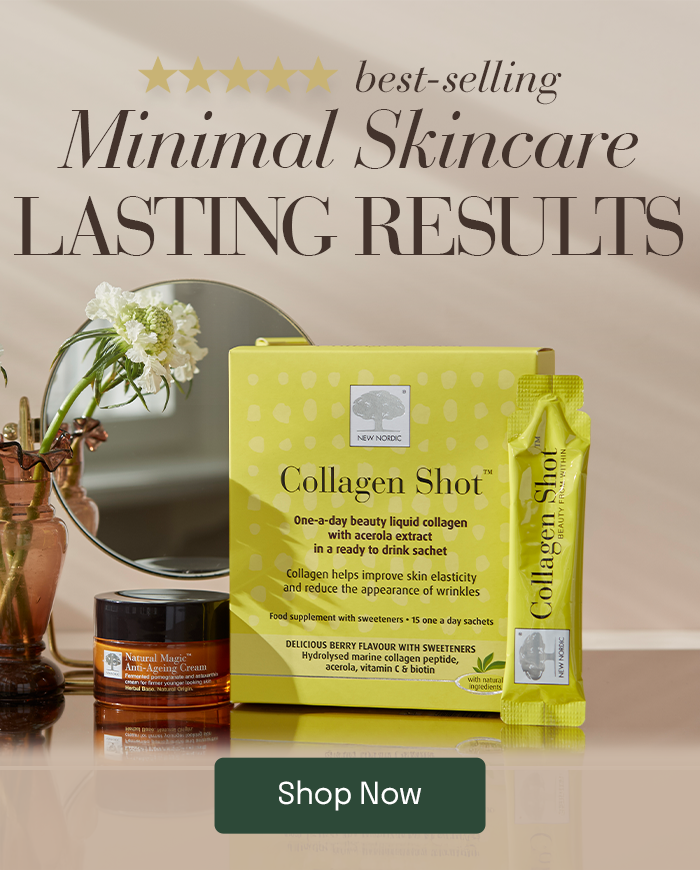 Image of Collagen Shot™ and Natural Magic™ Anti-Ageing Cream with the text: "Minimal Skincare Lasting Results"