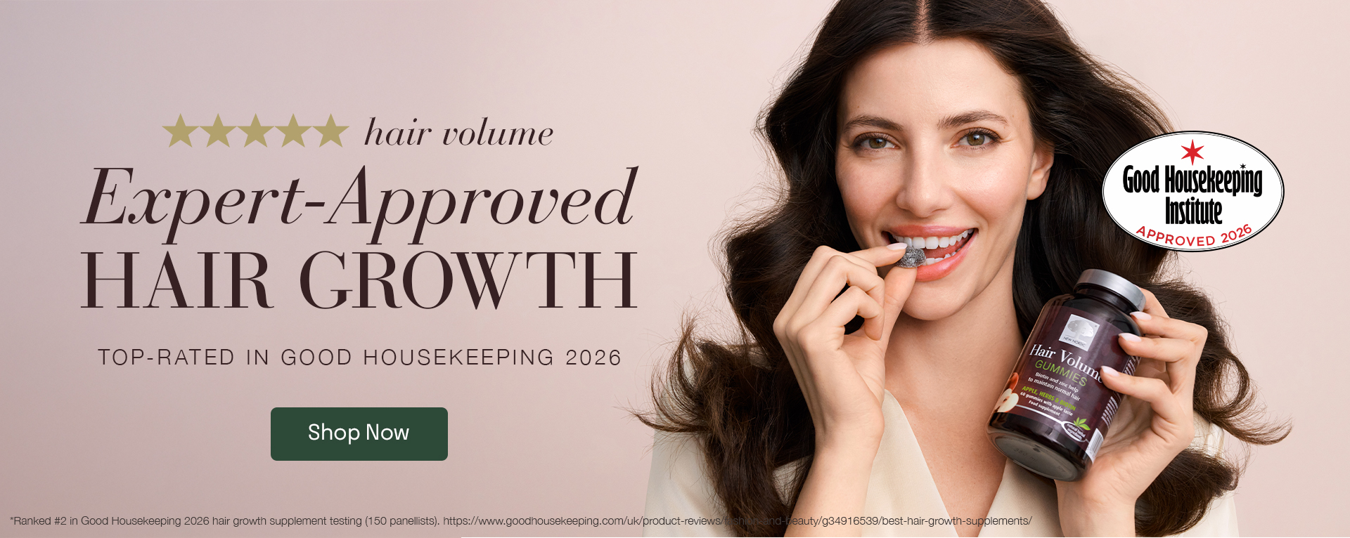 Image of a woman taking Hair Volume Gummies with the text "Expert-approved hair growth" Including the Good Housekeeping approved logo