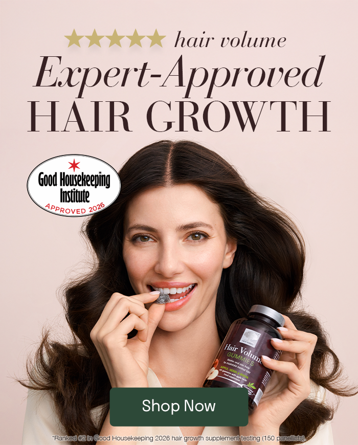Image of a woman taking Hair Volume Gummies with the text "Expert-approved hair growth" Including the Good Housekeeping approved logo