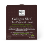 Collagen Shot Plus Pigment Clear box, liquid collagen sachets with gooseberry for skin elasticity and pigmentation.