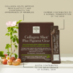 Collagen Shot Plus Pigment Clear box and sachet with text highlighting benefits for skin elasticity and pigmentation.