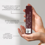 Hand holding Collagen Shot Plus Pigment Clear sachet with text highlighting benefits for skin elasticity and pigmentation.