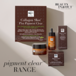 Pigment Clear range including collagen sachets, serum and cream displayed with “Beauty In & Out” branding.