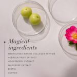 Gooseberries and flower in glass dishes with text listing collagen, acerola, biotin and copper ingredients.