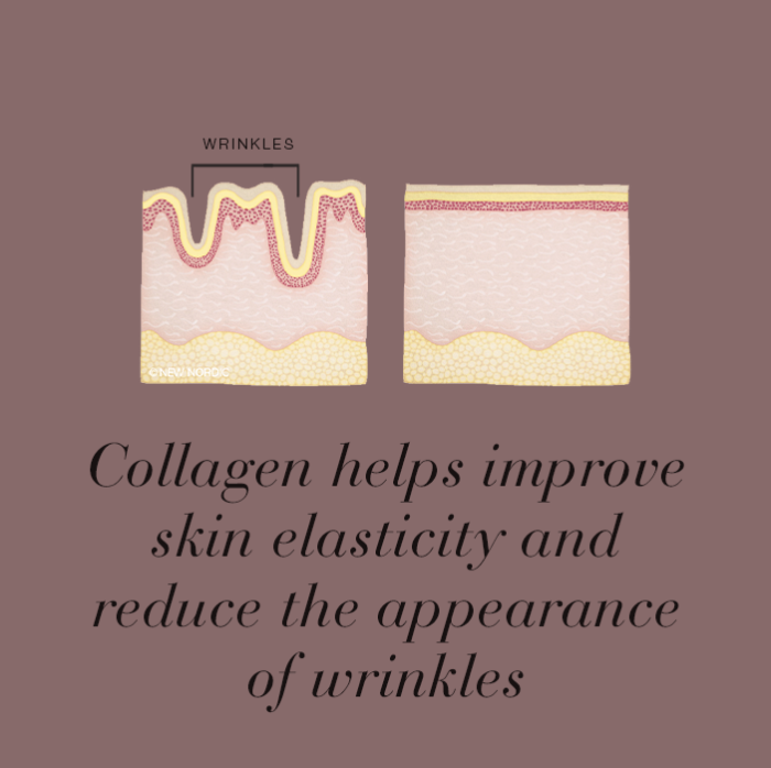 Illustration comparing wrinkled and smooth skin with text about collagen improving elasticity and reducing wrinkles.