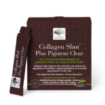 Collagen Shot Plus Pigment Clear sachets and box, liquid beauty supplement for skin elasticity and pigmentation.