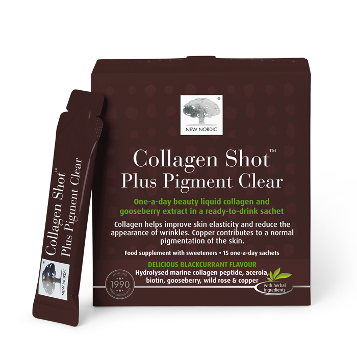 Collagen Shot Plus Pigment Clear sachets and box, liquid beauty supplement for skin elasticity and pigmentation.