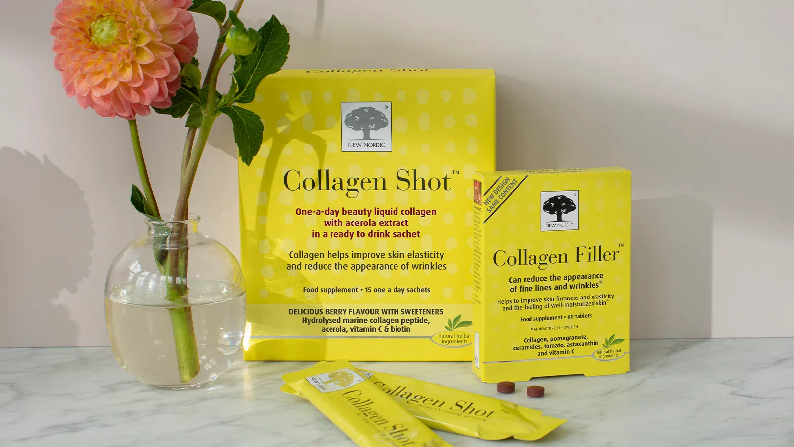 Collagen Shot™ 15 Image of collagen shot and collagen filler tablet box next to a vase with a flower