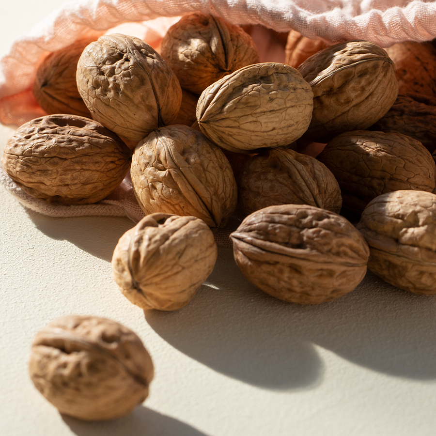 Lots of walnuts pouring from a bag