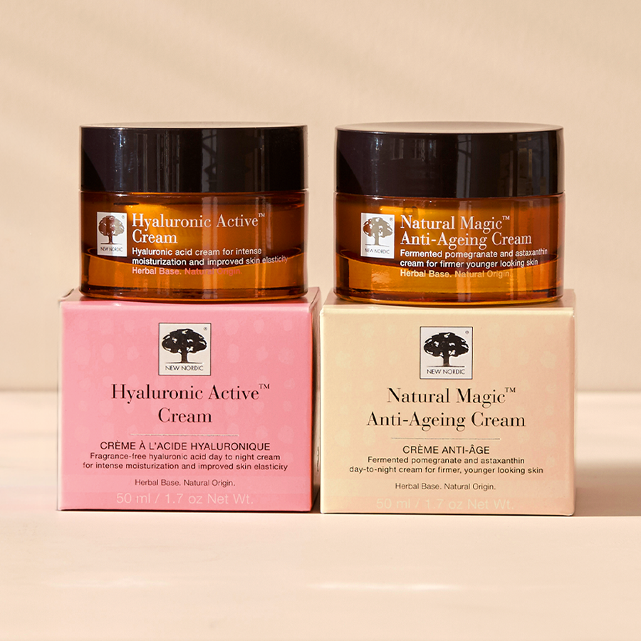 two creams on top of their boxes, New Nordic Hyaluronic Active Cream and New Nordic Natural Magic cream