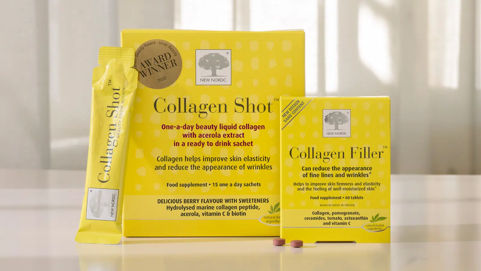 Liquid Collagen vs Tablets: Which Collagen Supplement Is Best? 17 New Nordic Collagen Shot™ ready-to-drink liquid collagen and Collagen Filler™ collagen tablets shown side by side to compare collagen supplement formats for healthy-looking skin.