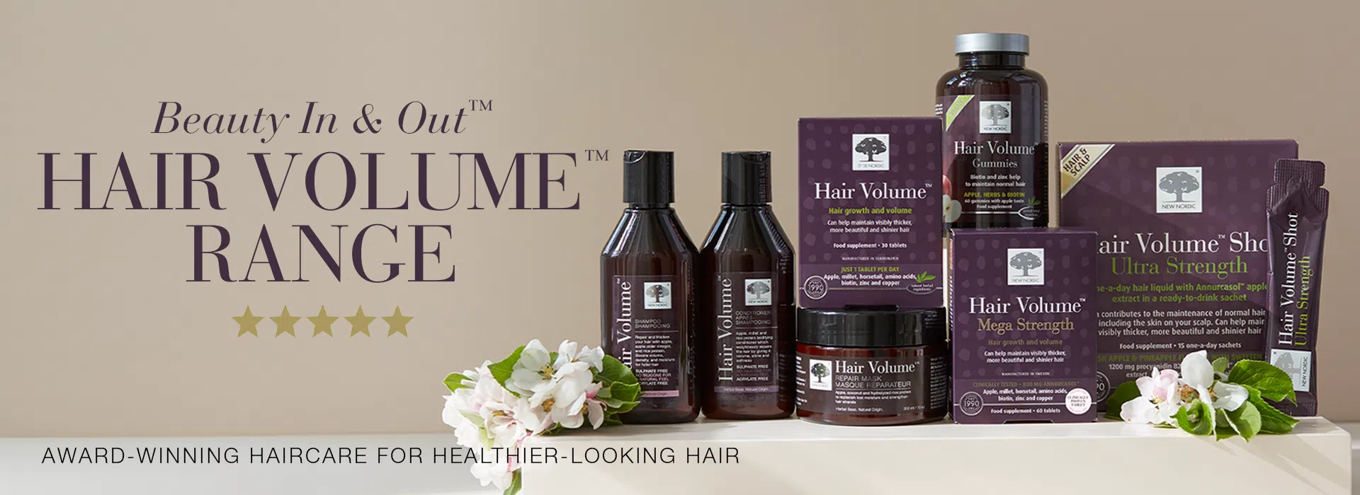 New Nordic Hair Volume™ range including shampoo, conditioner, repair mask, gummies, tablets, Mega Strength and Ultra Strength Shot for healthier-looking hair.