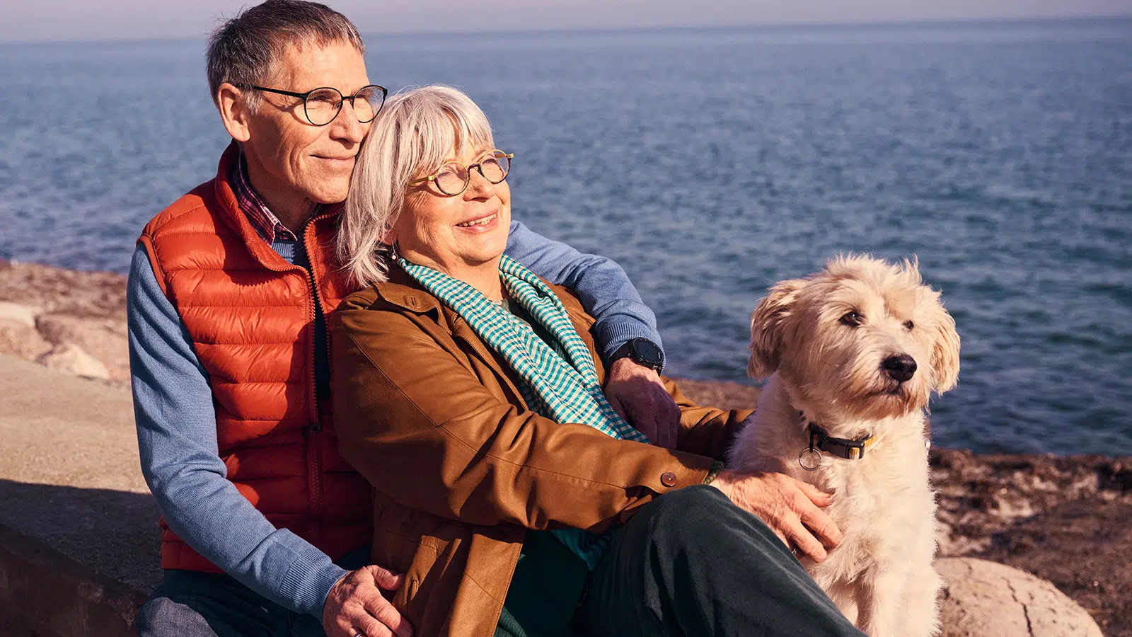 Man, woman and their dog sitting on a wall overlooking the sea
