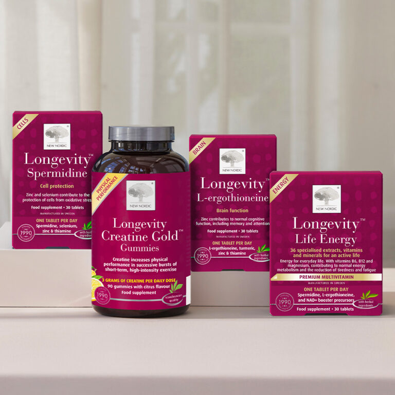 Four Longevity products lined up next to each other