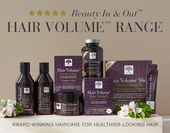 New Nordic Hair Volume™ range including shampoo, conditioner, repair mask, gummies, tablets, Mega Strength and Ultra Strength Shot for healthier-looking hair.