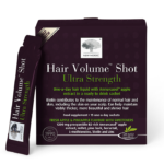 Box of Hair Volume Shot Ultra Strength with the shot sachet leant up against the left side