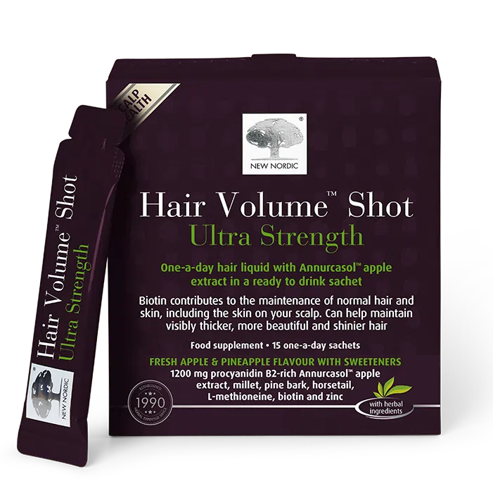 w_HairVolumeShotUltraStrength_15_Front_UK_Tile1 Box of Hair Volume Shot Ultra Strength with the shot sachet leant up against the left side