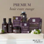 Range of products from the hair volume range with the text premium hair care range and a Beauty In and Out™ logo