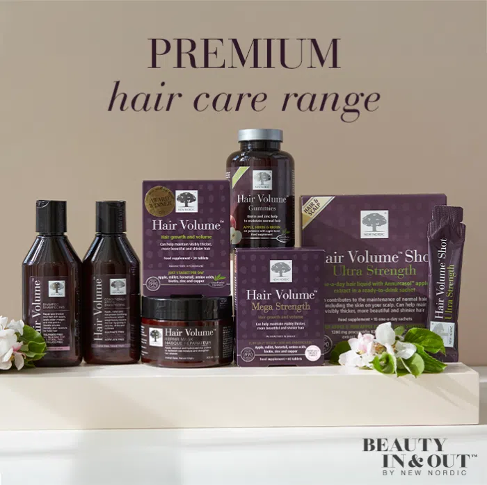 Range of products from the hair volume range with the text premium hair care range and a Beauty In and Out™ logo