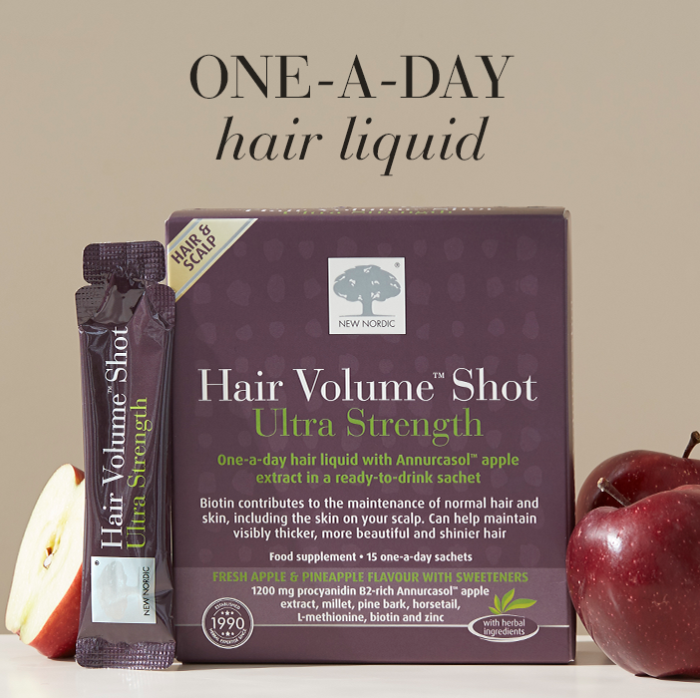 Hair volume shot pack box with text one-a-day hair liquid