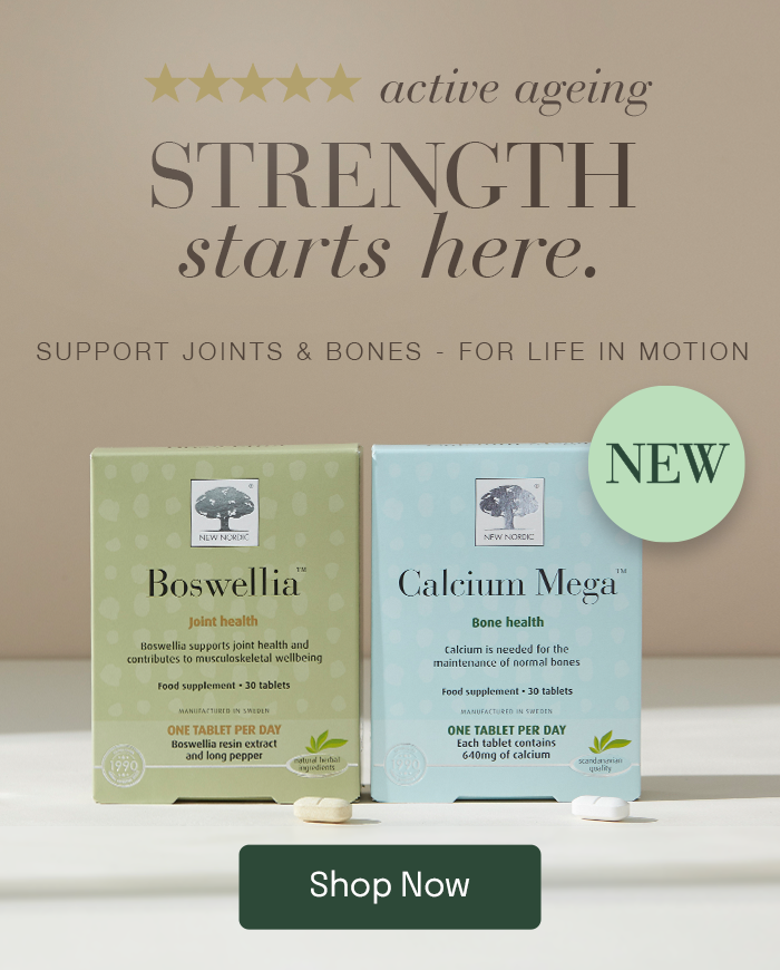 Boxes of Boswellia and Calcium Mega with the text strength starts here. Support joints & bones - for life in motion.