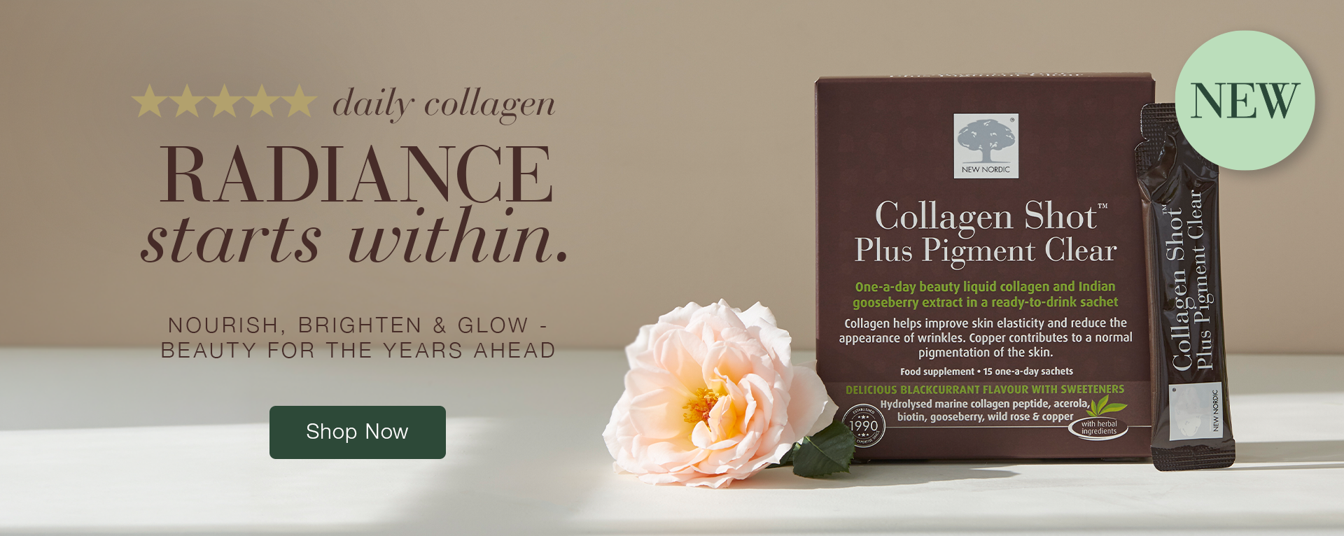 Box of Collagen Shot Plus Pigment Clear with the text daily collagen RADIANCE starts within. NOURISH, BRIGHTEN & GLOW - BEAUTY FOR THE YEARS AHEAD