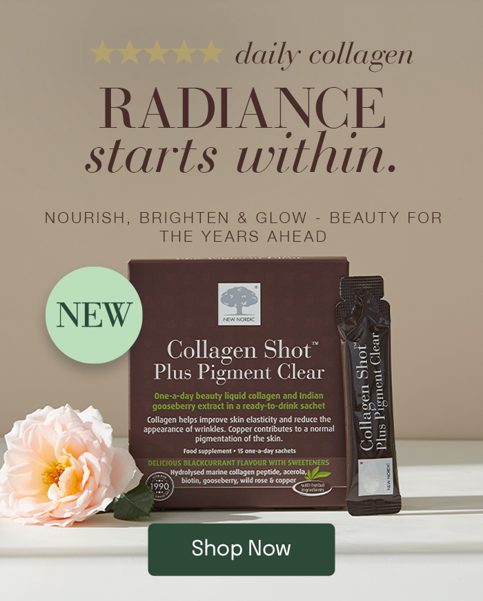 Box of Collagen Shot Plus Pigment Clear with the text daily collagen RADIANCE starts within. NOURISH, BRIGHTEN & GLOW - BEAUTY FOR THE YEARS AHEAD