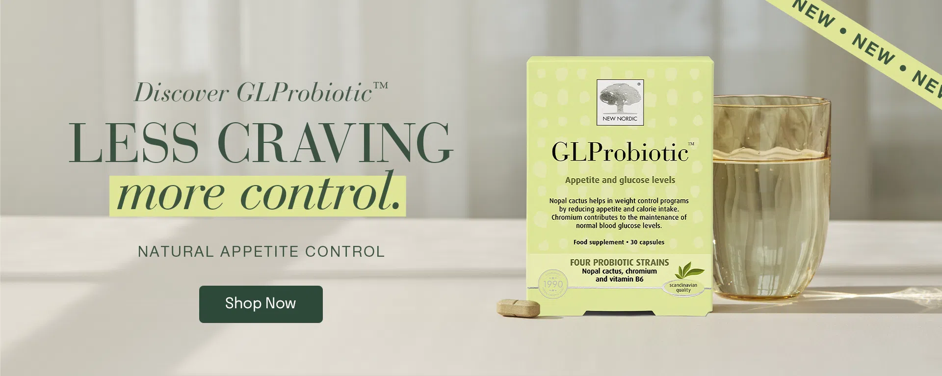 GLProbiotic™ homepage banner promoting natural appetite support with the headline "Less Craving, More Control" alongside the product packaging.