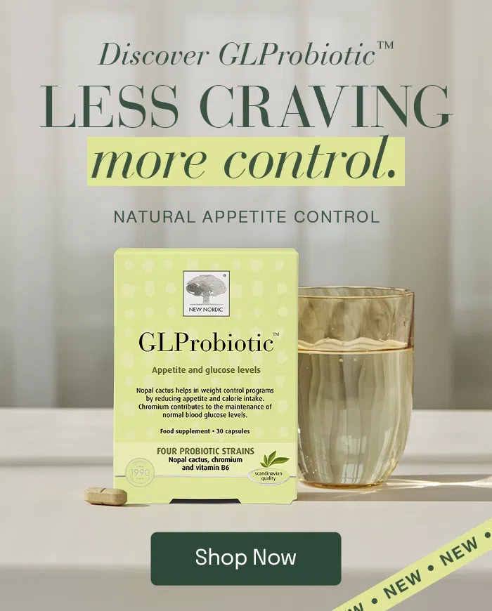 GLProbiotic™ homepage banner promoting natural appetite support with the headline "Less Craving, More Control" alongside the product packaging.