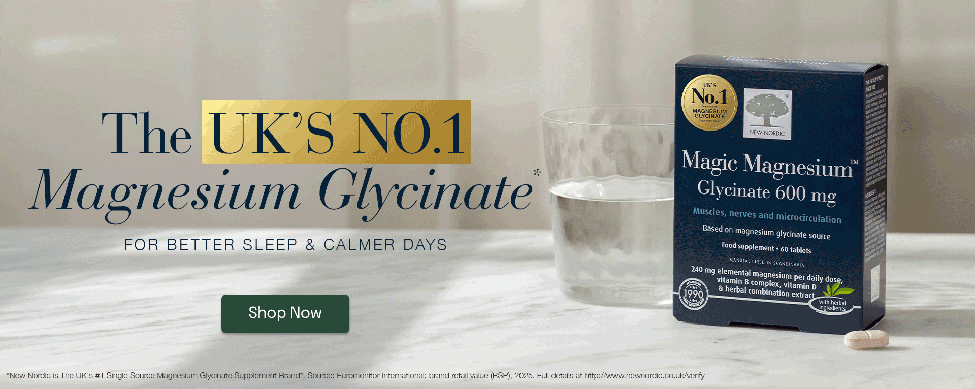 New Nordic Magic Magnesium Glycinate homepage banner featuring the UK's No.1 Magnesium Glycinate claim, product pack, and 'Shop Now' button.