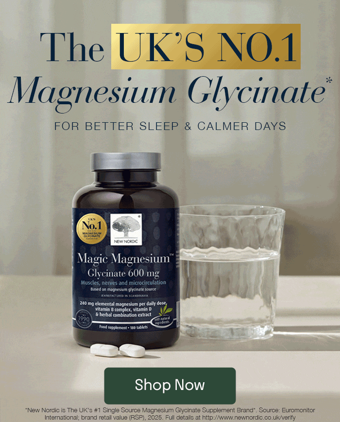 New Nordic Magic Magnesium Glycinate homepage banner featuring the UK's No.1 Magnesium Glycinate claim, product pack, and 'Shop Now' button.