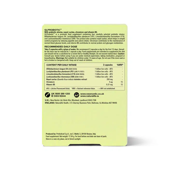 Back of New Nordic GLProbiotic™ packaging showing product information, recommended daily intake, probiotic strains, and details about chromium, vitamin B6 and prickly pear cactus.