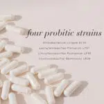 Four probiotic strains highlighted alongside white capsules.