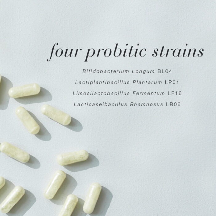 Four probiotic strains highlighted alongside white capsules.