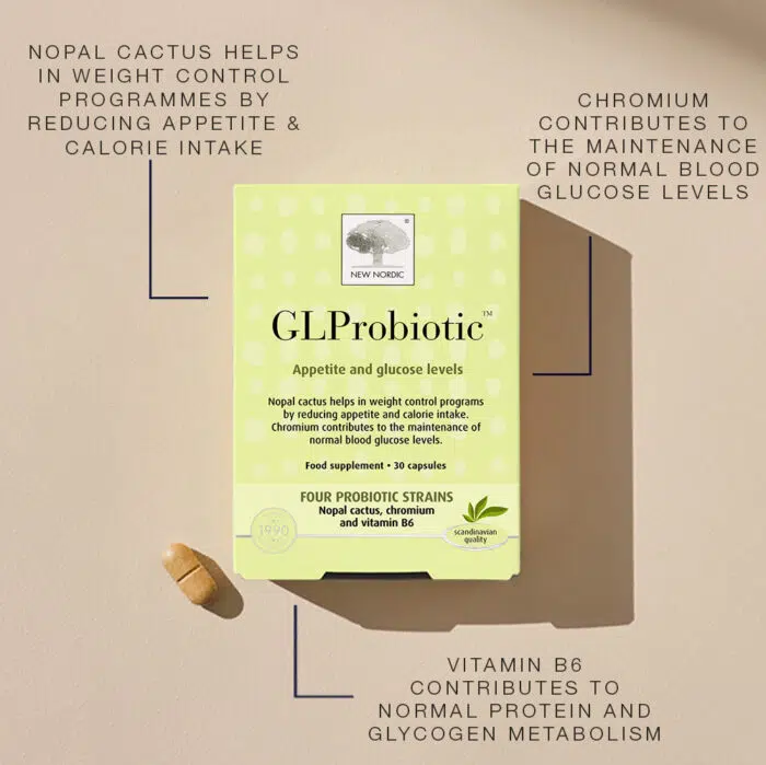 New Nordic GLProbiotic™ with four probiotic strains, nopal cactus, chromium and vitamin B6 for appetite and glucose support.