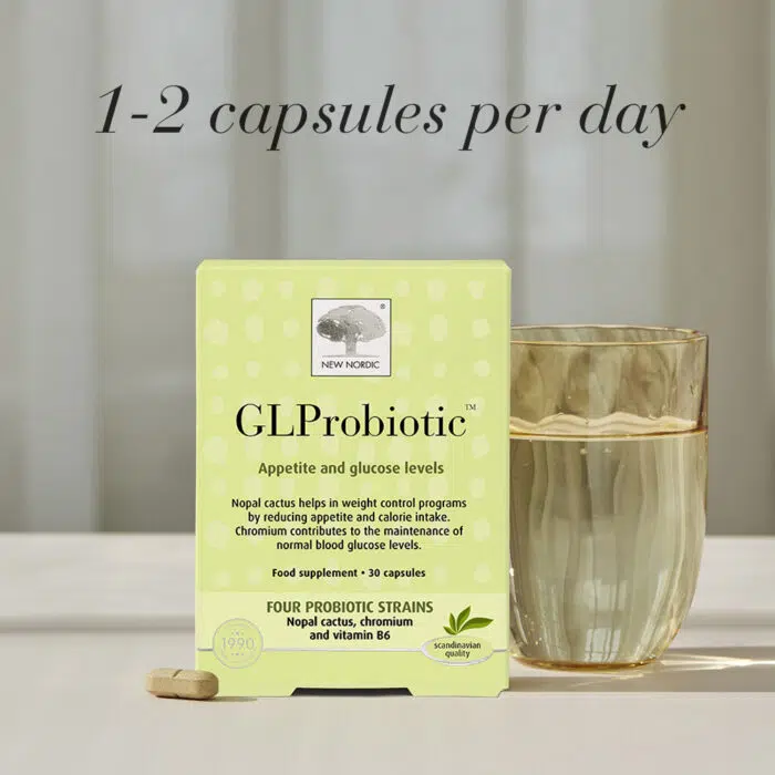 New Nordic GLProbiotic™ with a glass of water and daily dosage guidance of 1–2 capsules per day.