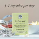 New Nordic GLProbiotic™ with a glass of water and daily dosage guidance of 1–2 capsules per day.