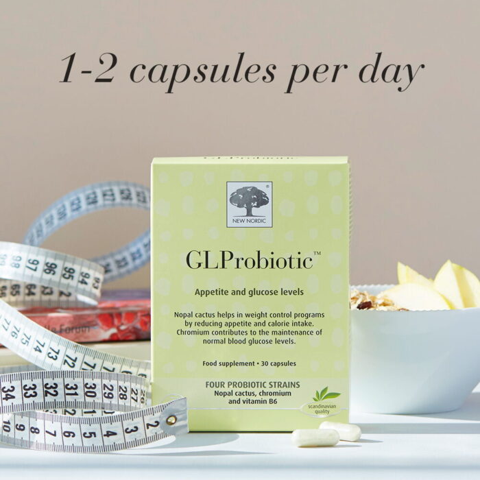 New Nordic GLProbiotic™ with a glass of water and daily dosage guidance of 1–2 capsules per day.