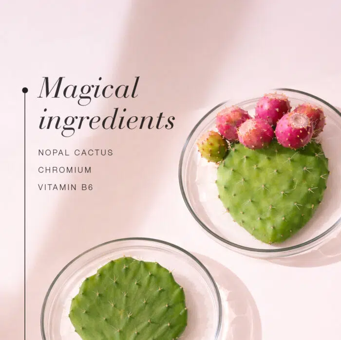 Magical ingredients highlighted: nopal cactus, chromium and vitamin B6, shown with cactus pads and cactus fruit.