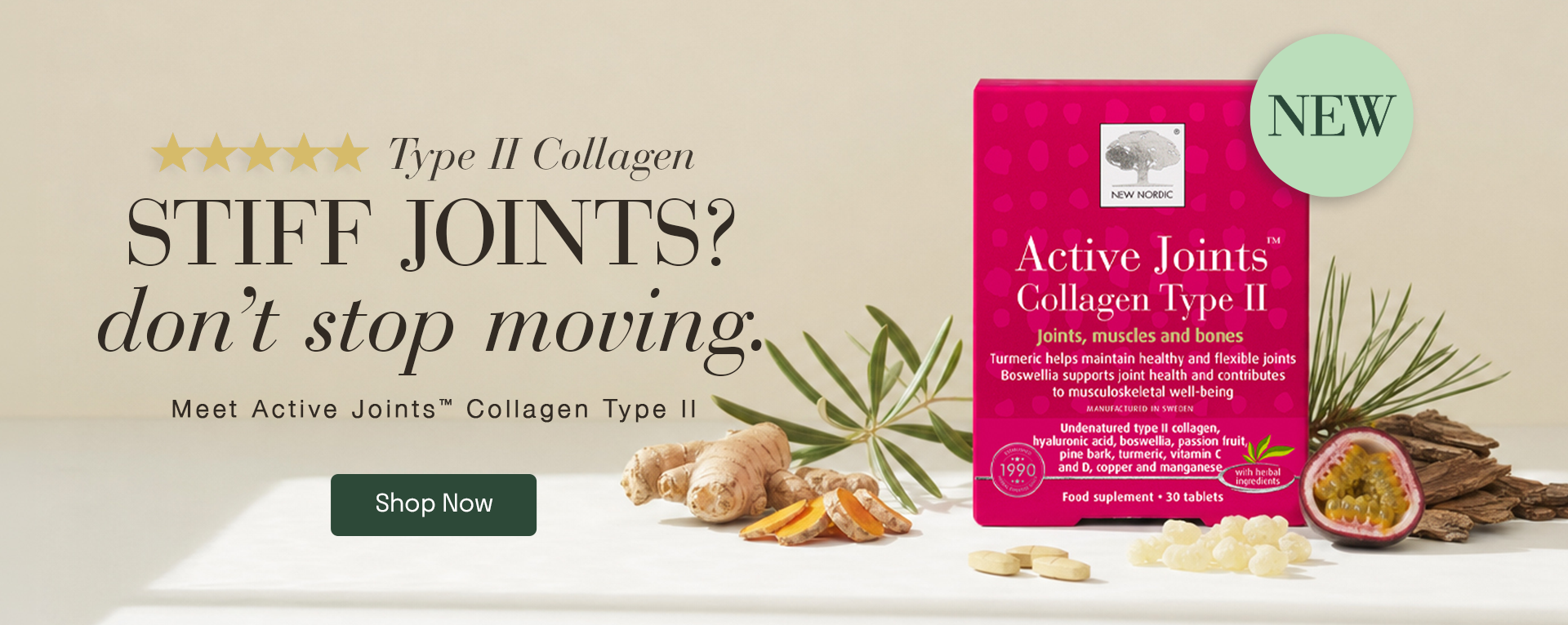 Active Joints™ Collagen Type II supplement with turmeric and botanical ingredients, promoting support for stiff joints and movement.