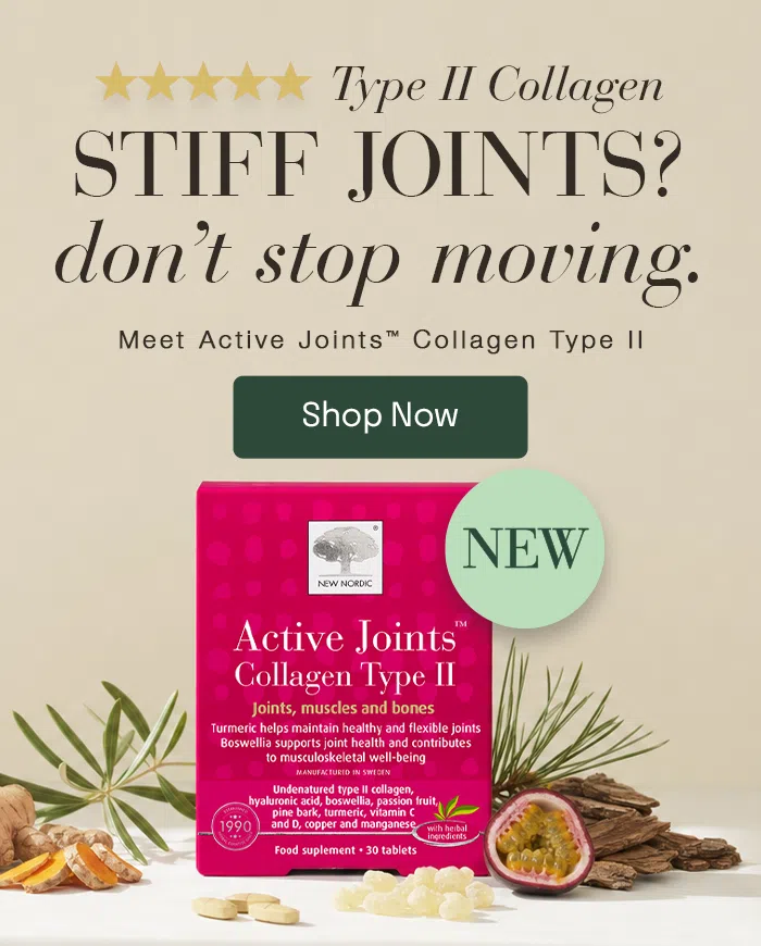Active Joints™ Collagen Type II supplement with turmeric and botanical ingredients, promoting support for stiff joints and movement.